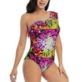 thumbnail image 3 of Gaeub Colorful Tie Dye Stained Glass 3 Women's One Shoulder Ruffle Tummy Control Swimwear for Swimming Surfing Beach Party - Medium, 3 of 8