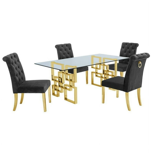 Ensemble de Salle à Manger Rectangulaire en Verre Clair 5pc avec Base en Acier Inoxydable Doré