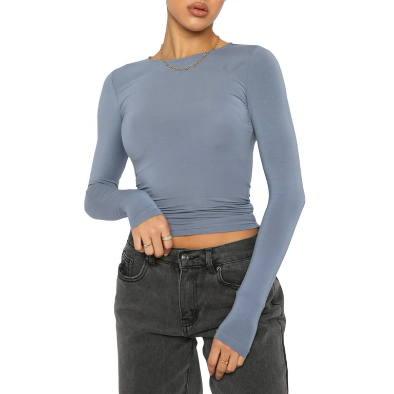 Frontwalk Ladies Sexy Crew Neck Tee Long Sleeve Cropped T Shirt