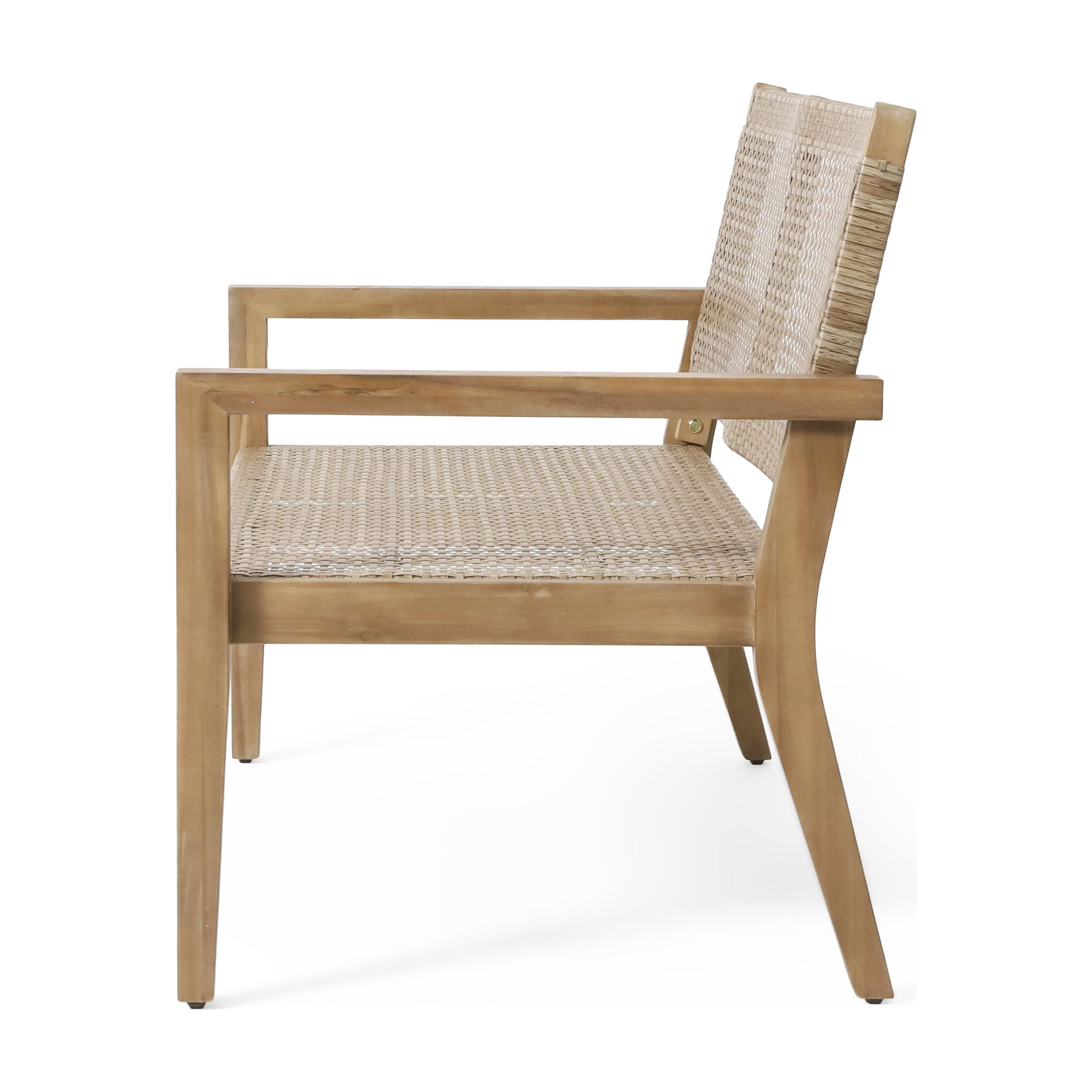 Outdoor Double Seat Sofa, Combined Wicker and Acacia Wood Structure for Patio Garden, Light and Light Brown