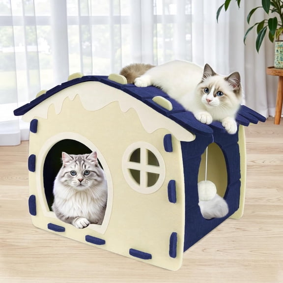 Cat Beds for Indoor Cats, Cat Bed Cave for Multiple & Large Cats Up to 22 Lbs, Scratch Resistant Peekaboo Cat Caves with Ball Hanging, Dark Blue