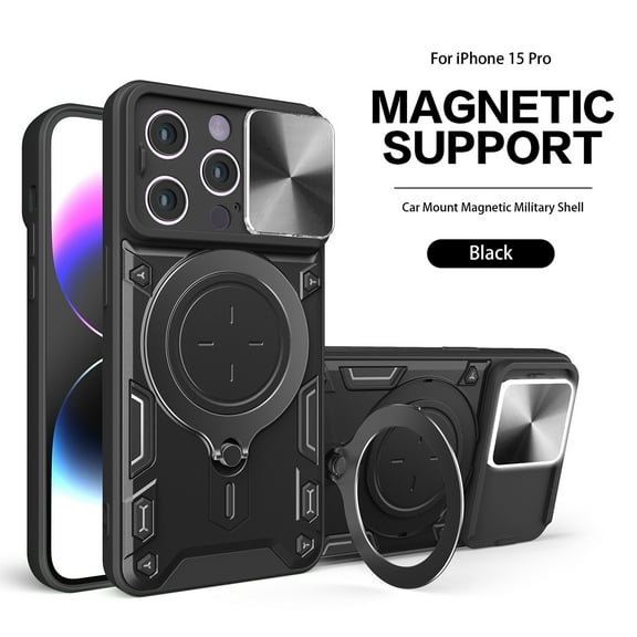APPLE IPHONE 15 PRO Phone Cases, TPU PC Shockproof Magnetic Phone Case with Free Adjustment Ring Holder for IPHONE 15 PRO in Black