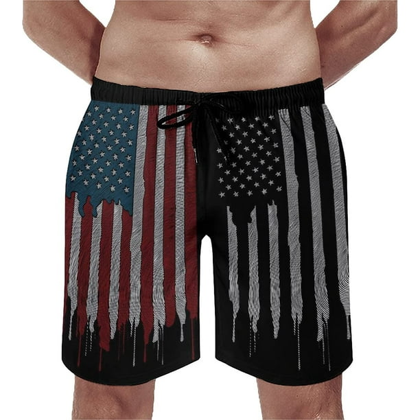 Men's VintageRetroAmerican Flag Quick Dry Board Shorts with Mesh