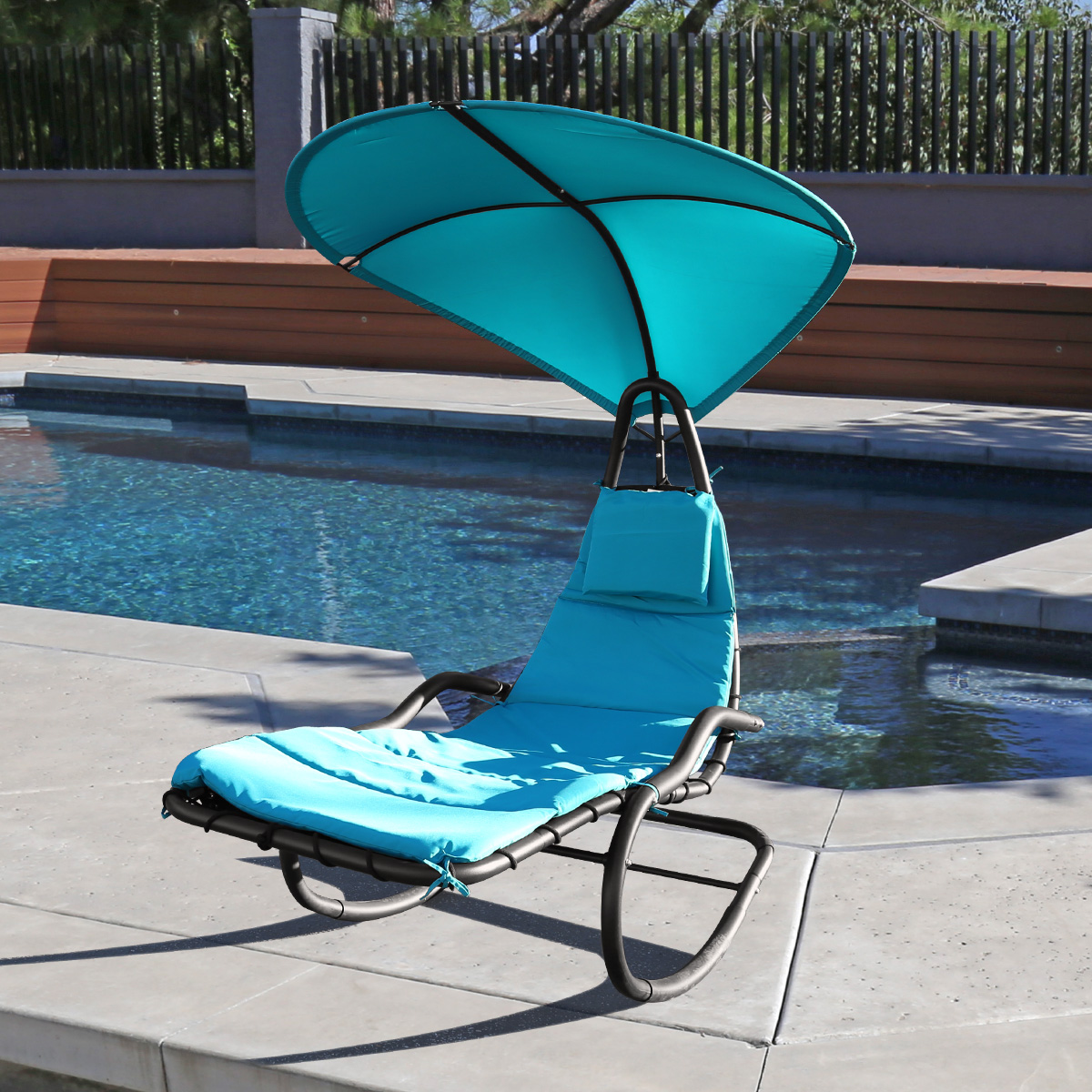 Rocking Hanging Lounge Chair - Curved Chaise Rocking Lounge Chair Swing For Backyard Patio w/ Built-in Pillow Removable Canopy with stand {Blue} - image 2 of 8