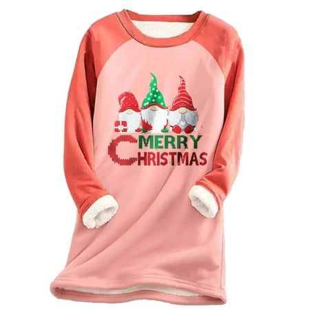 

Women s Winter Wool Lining Warm Tops Vintage Christmas Print Crew Neck Splicing Long Sleeve Pullover Casual Loose Home Pajamas Yoga Clothing