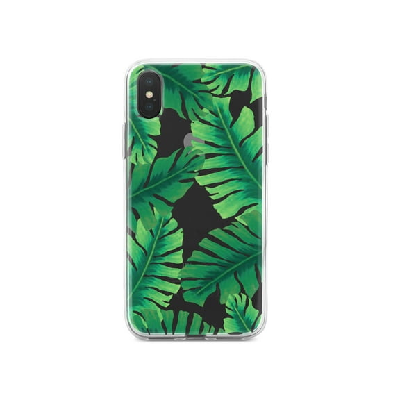DistinctInk Clear Shockproof Hybrid Case for iPhone XS Max (6.5" Screen) - TPU Bumper, Acrylic Back, Tempered Glass Screen Protector - Tropical Banana Leaves