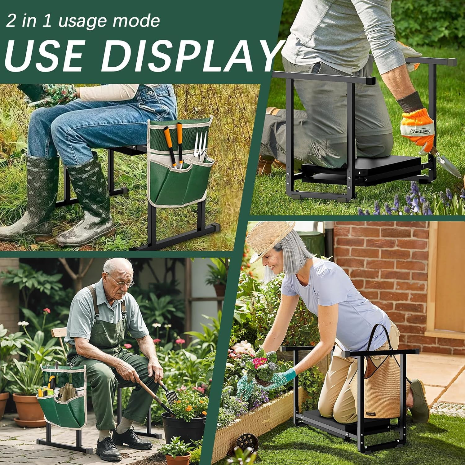 Garden Kneelers Seat, Stable and Save Anti-Tipping Design 10.2 Wider Garden Kneeler and Seat with Handle, Heavy Duty Gardening Stool for Seniors, Gardening Weeding Bench for Gardeners Parents - Black