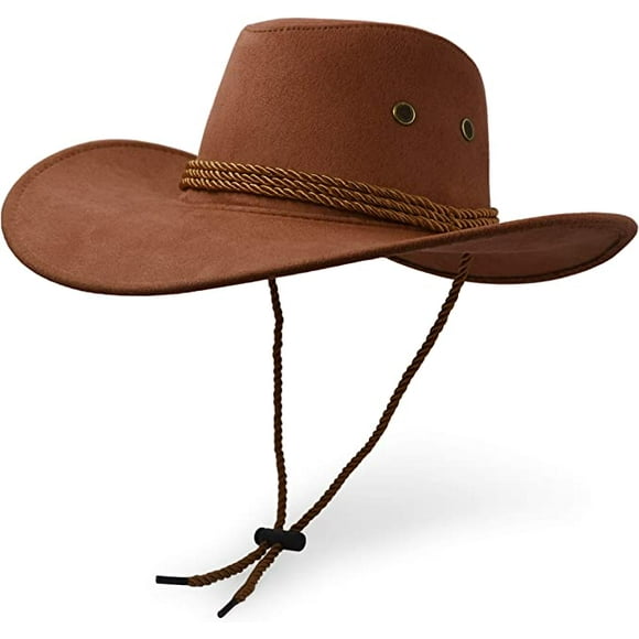 TESNN Chapeau de cowboy, Chapeau de soleil en similicuir feutre, casquette de voyage en daim, Chapeau occidental, protection solaire extérieure, marron
