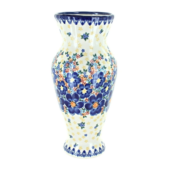 Blue Rose Polish Pottery Indoor Tabletop Blue Dahlia Tall Vase