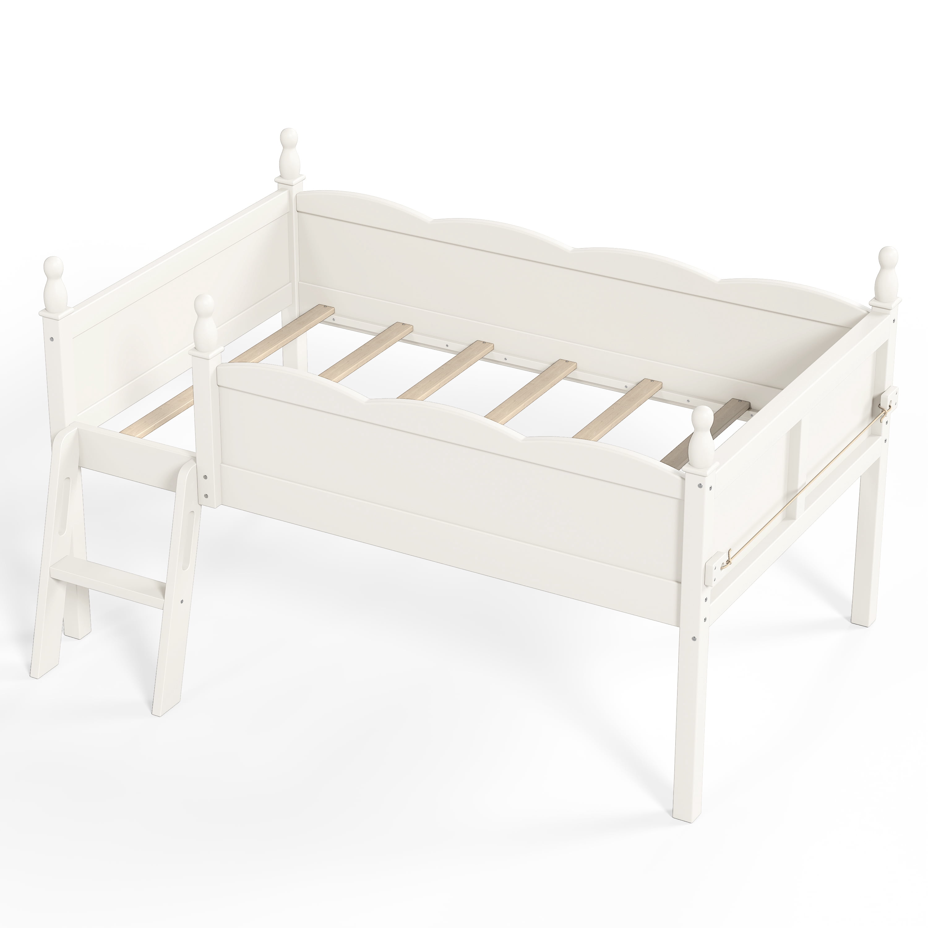 Safe Twin Size Low Loft Bed with Full-Length Guardrails and Bookshelf, Solid Wood Bed with Ladder for Kids and Teens, Beige
