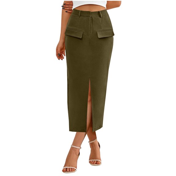 MOJOGO Women's Work Skirt High Waisted Midi Skirt Spring Summer Side Split Bodycon Skorts Elegant Office Skirts Olive Green L