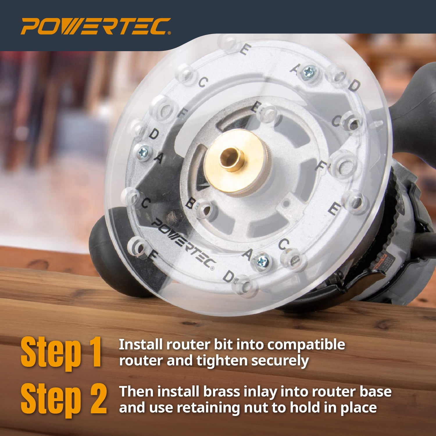 POWERTEC Solid Carbide Downcut Spiral Router Bits, Brass Inlay Kit with Router Guide, Collar, Centering Pin & 1/8" CD x 1/4" SH Router Bit, Compatible w/ 1/4" Router Templates for Woodworking (71333)