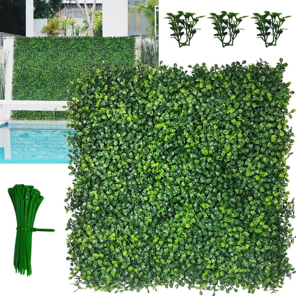 RLESO Artificial Grass Wall Panel 10X10 12P 4-Layer Leaf Uv-Anti Greenery Faux Boxwood Indoor Outdoor Patio Balcony Privacy Ivy Fence Covering Privacy Garden Backyard Wall Backdrop Decor