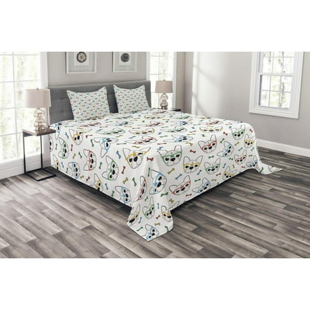 Dog Bedspread Dog Lover Bedspread Set, Hipster Inspired Canine Heads with Colorful Glasses Bones Background Animal Fun, Decorative Quilted Coverlet Set with Pillow Shams Included, Multicolor, by Ambesonne ()