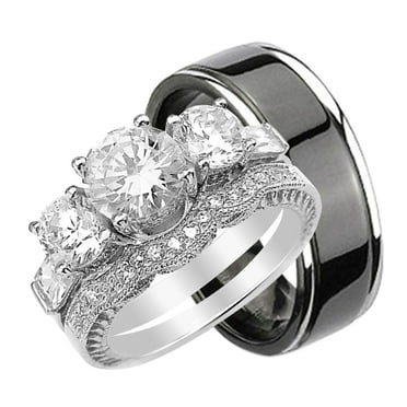 His and Hers 3 Piece Trio Sterling Silver Black Titanium Wedding Band Engagement Ring Set 8/9