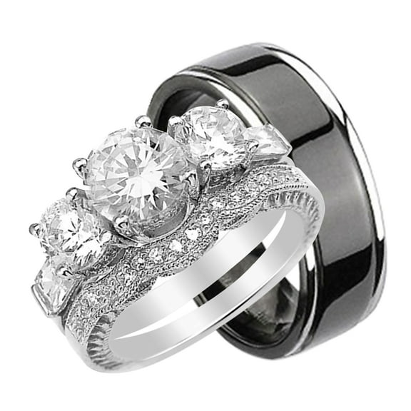 His and Hers 3 Piece Trio Sterling Silver Black Titanium Wedding Band Engagement Ring Set 8/13