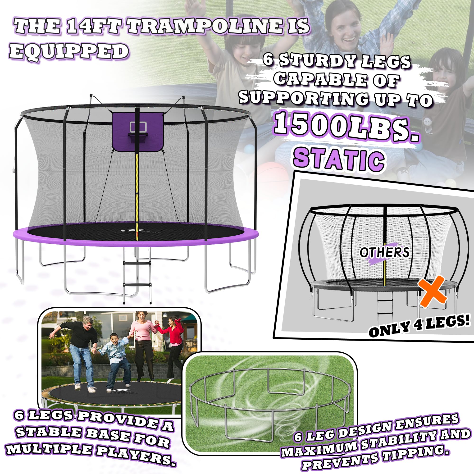ACWARM HOME 2025 NewTrampoline 15FT Premium Purple Trampoline with Basketball Hoop and LED Lights Recreational Trampolines for Kids and Adults with Net and Ladder