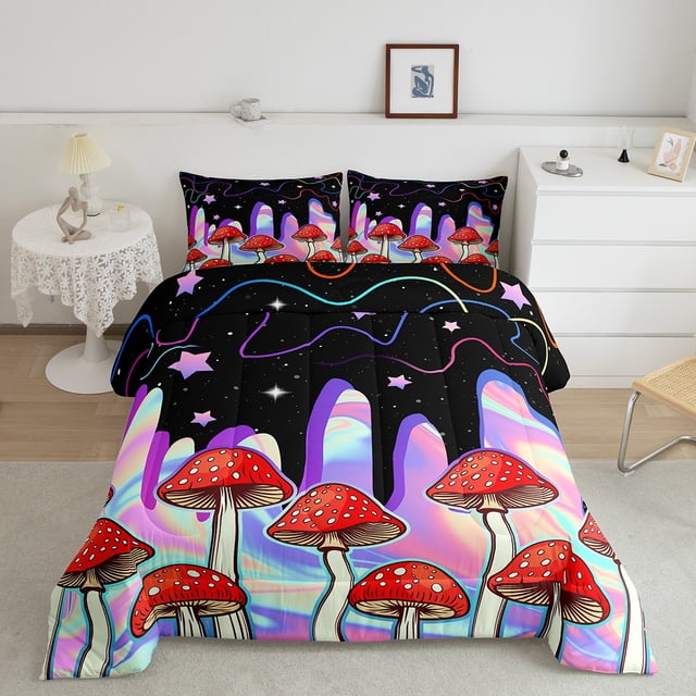Red Mushroom Comforter Set Psychedelic Gradient Tie Dye Bedding Sets Full,Rainbow Striped Quilt Galaxy Stars Duvet Insert Exotic Ombre Room Decor