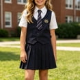 thumbnail image 6 of Yutgune Girls Short Sleeve Shirt & Pleated Skirt 2 Piece Set, Tie & Badge Decor Preppy Style, Sizes 90-160, 6 of 9