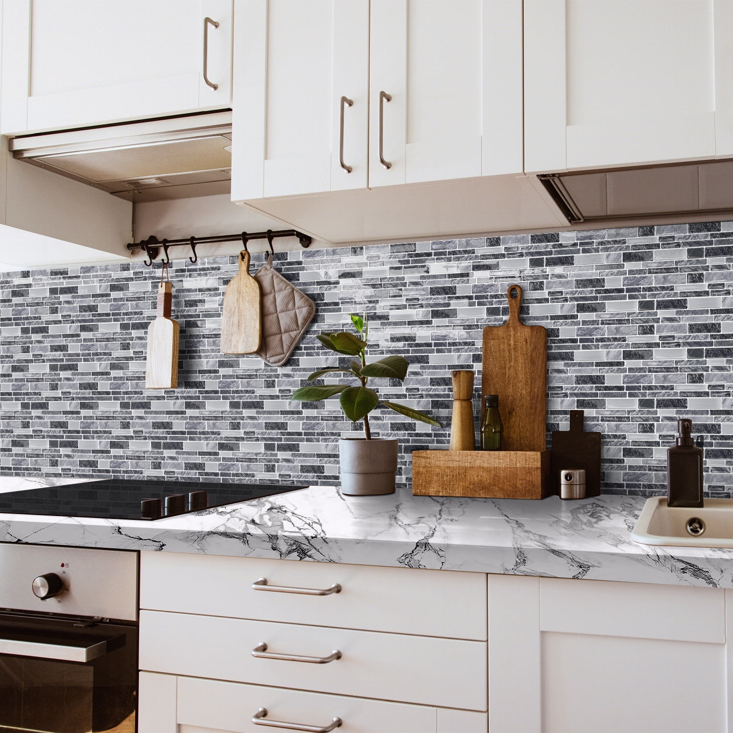 10Piece Black Gray Marbling Tiles Stickers 4.72 x 9.68inch DIY Decor 3D Wall Decals Self Adhesive Waterproof Peel and Stick Backsplash