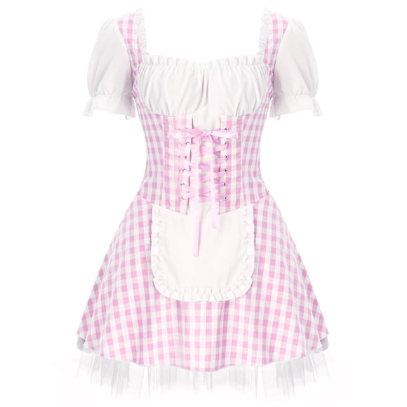 Moggemol Women's Maid Costume Miss Muffet Gingham Dress Halloween Party Cosplay Fancy Outfit Clubwear Pink XXL