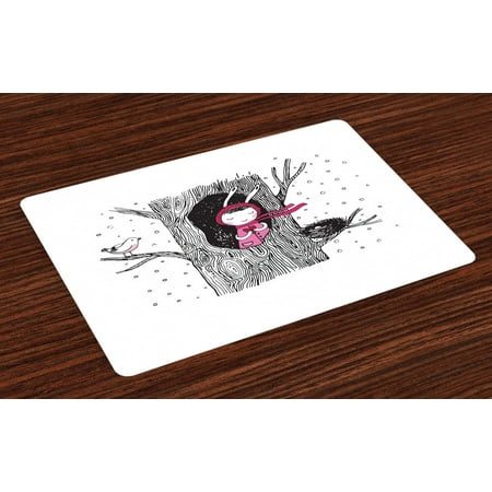 

Tree Placemats Set of 4 Little in the Tree Hollow Holding a Heart Bird and Nest in Winter Snowfall Washable Fabric Place Mats for Dining Room Kitchen Table Decor Black White and Pink by Ambesonne