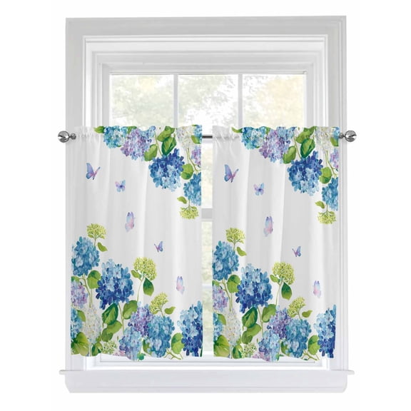 Blue Hydrangea Living Room Curtains 2 Panel, Farmhouse Butterfly Spring Floral Cafe Window Treatment, Farmhouse Bedroom Bathroom Kitchen Curtains Drapes 104"x45"