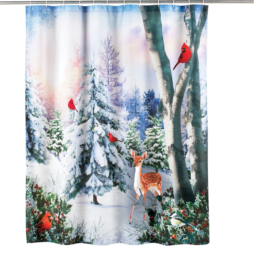 60/72/79" Santa On Reindeer Waterproof Polyester Shower Curtain &Bath Mat &Hooks