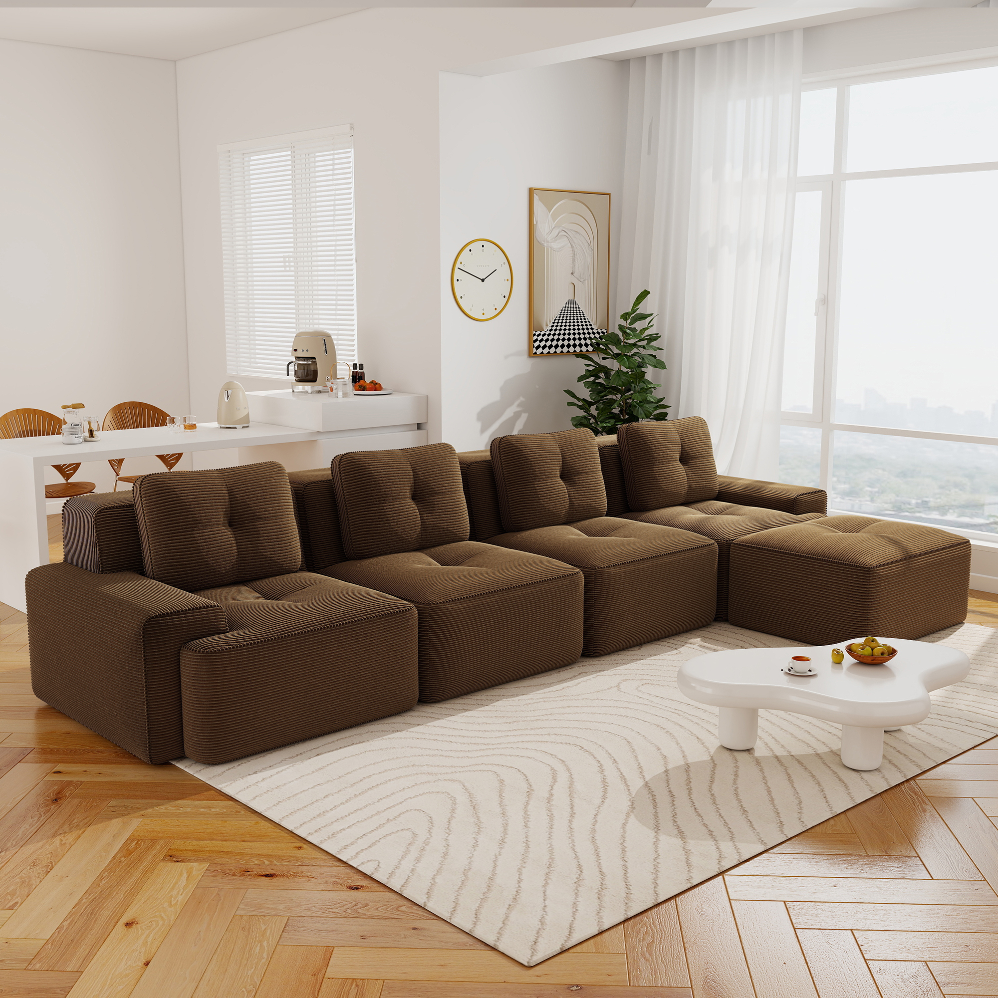 Aukfa 5-Piece Tufted Modular Corduroy Sectional Sofa with Ottoman for Living Room, 128.5" Width 4-Seat Sofa, Brown