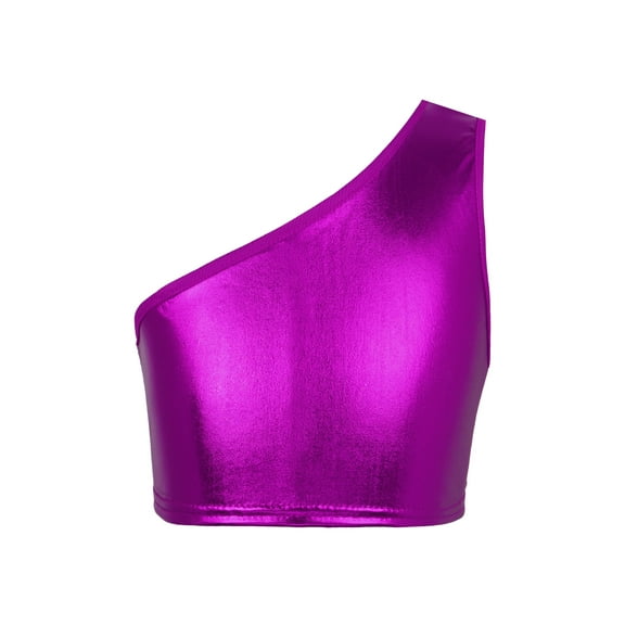Venjoe Kids Girls Ballet Dance Top Shiny Crop Tank Tops T-Shirts One Shoulder Sport Bra Performance Rose Red 150-160