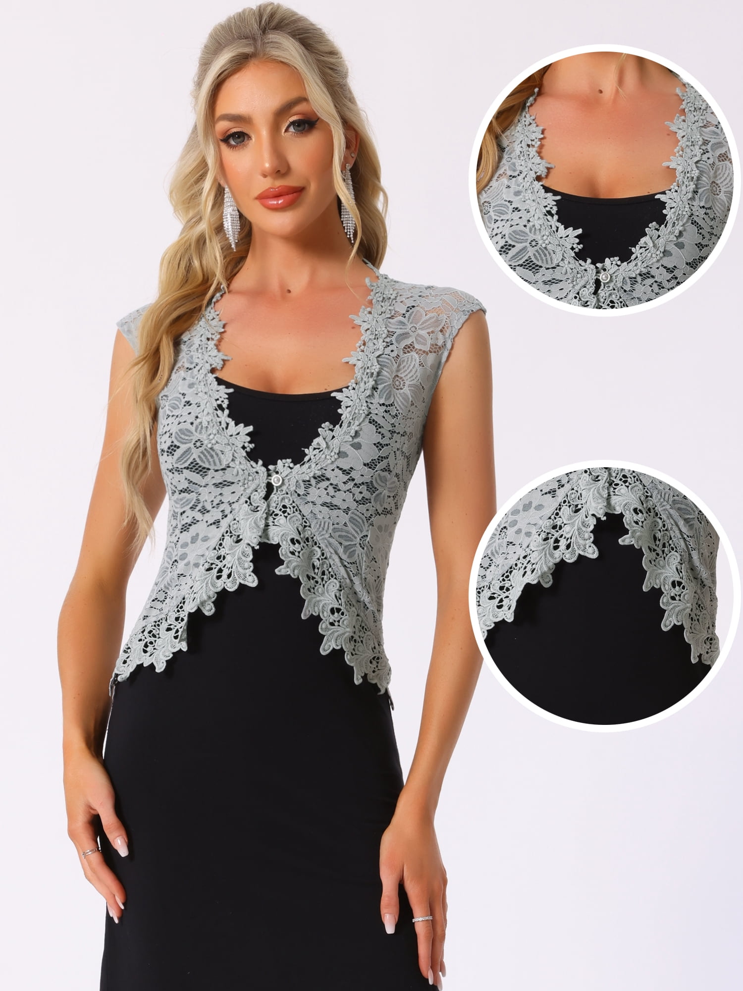 DARING DIVA Women's Lace Cap Sleeves Cardigan Floral Shrug XS Grey