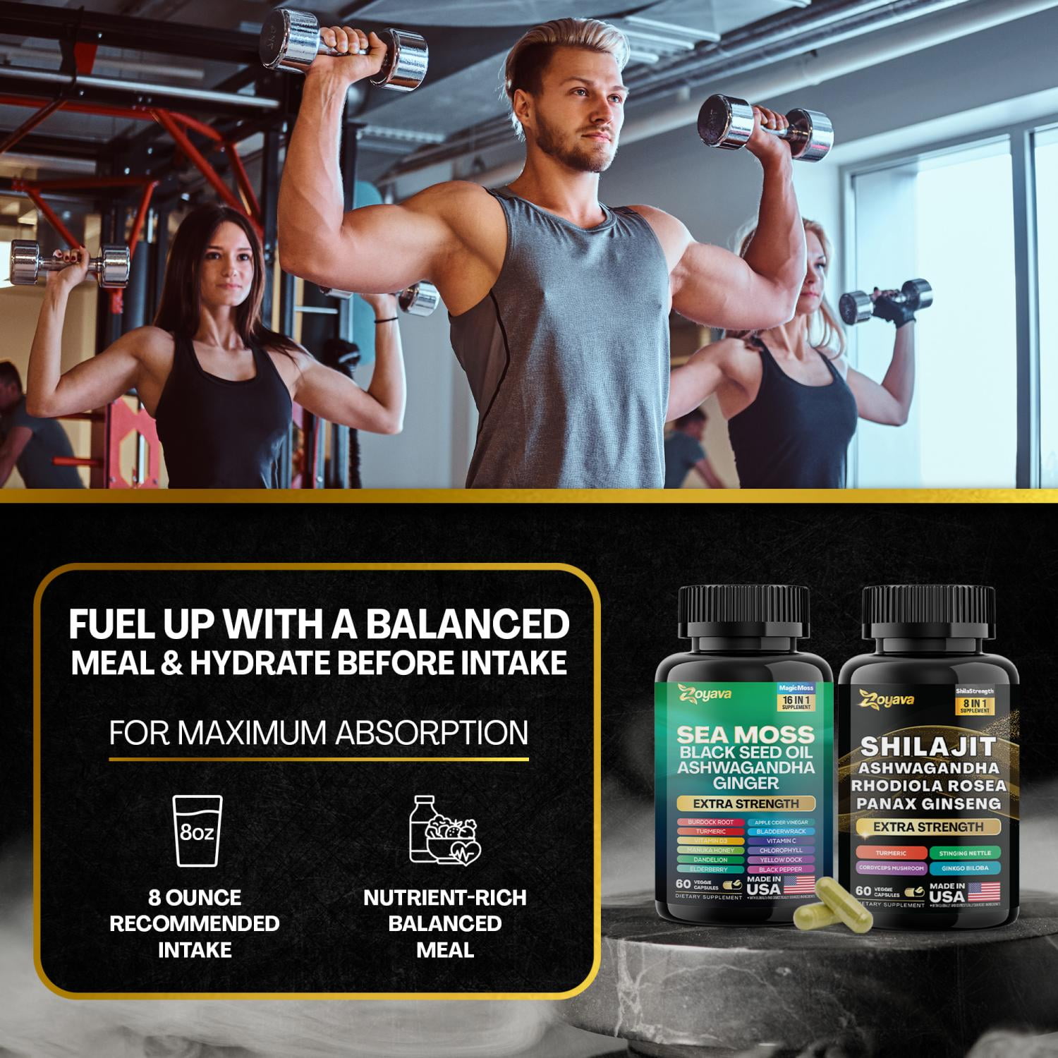 Zoyava Sea Moss & Shilajit Capsules Bundle - 16-in-1 19,445 MG + 8-in-1 15,250 MG with Ashwagandha & Turmeric