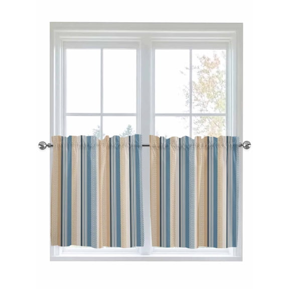 Half Window Curtains 24 Inches Long, Blue Brown Beige Window Treatment Curtain Drapes, Boho Farmhouse Abstract Stripes Art Short Curtains Tiers for Kitchen Over Sink, 27.5"x24", 2 Panels