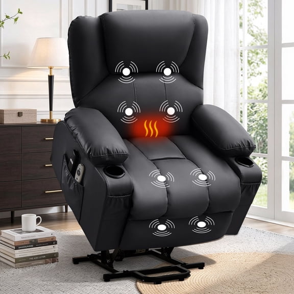 JMYMRY Leather Power Lift Recliner Chair for Elderly with Heat and Massage, Adjustable Angle, Side Pocket and USB Charge Port for Living Room, Black