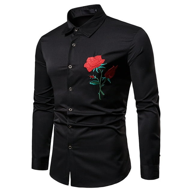 Chemise Décontractée pour Hommes Rose Brodée Col Rabattu Ajustée Manches Longues Blouse