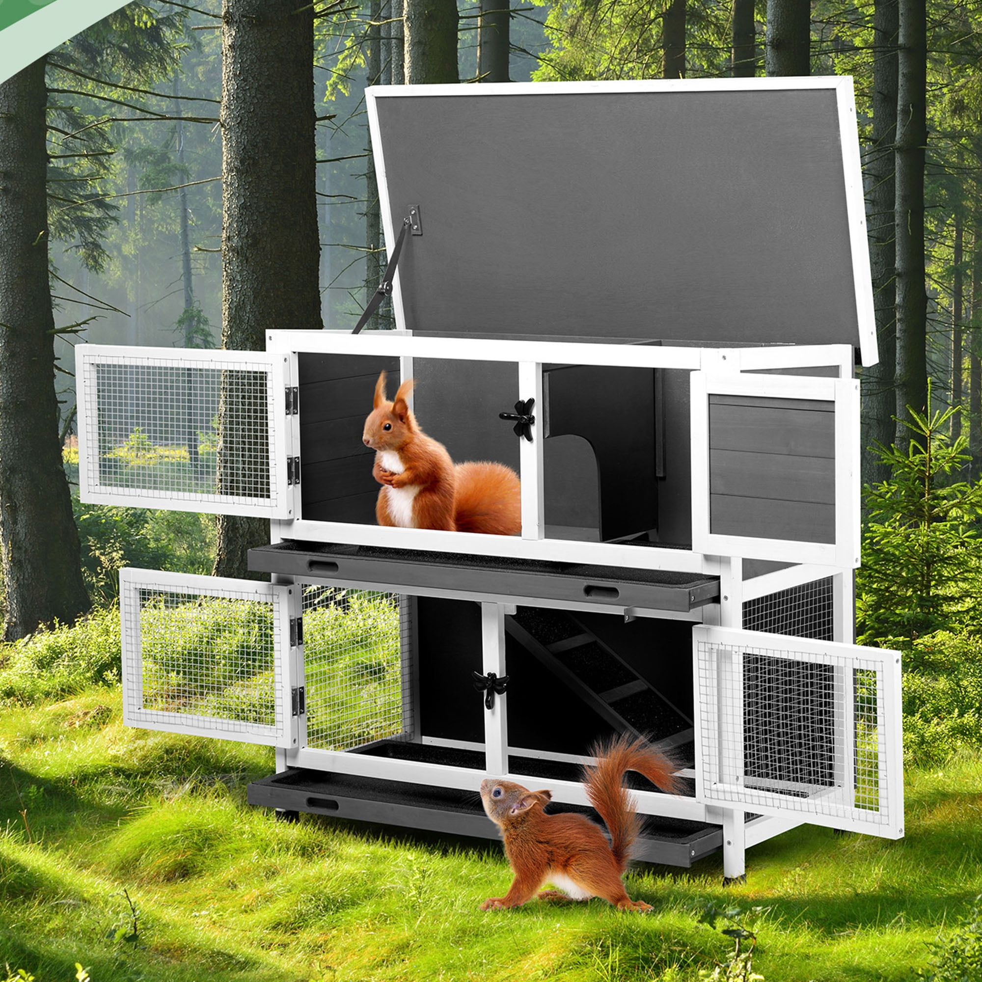 Pefilos 36" Two Floors Wooden Rabbit Hutch Indoor Hen House for 4 Chicken Coop House Wooden Guinea Pig Hutch Outdoor, Gray