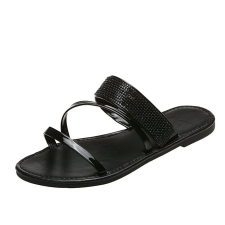 

QYZEU Comfy Sandals for Women Womens Slipper Sandals Ladies Shoes Fashion Solid Color Rhinestone Flat Roman Shoes Sandals Cute Wide Width Sandals for Women Black