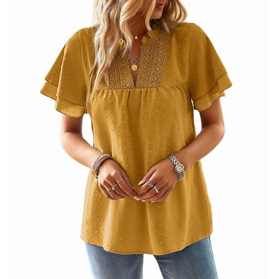 Womens Tops Butterfly Sleeve V Neck Blouses for Women Dressy Casual Flowy - Dot Ruffle Short Sleeve Shirts Yellow L