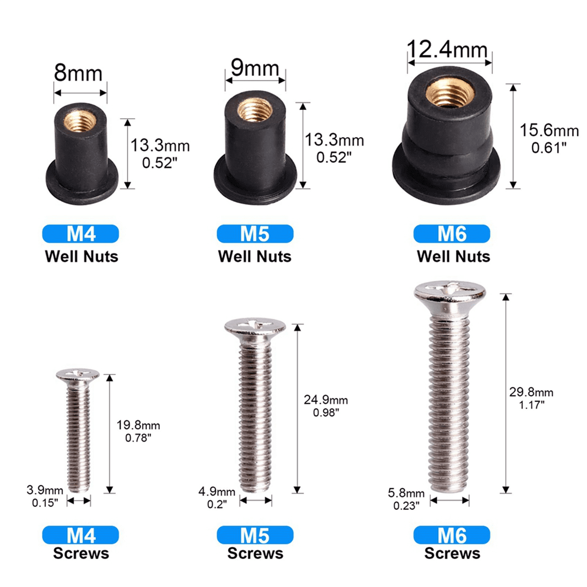 72 Pairs /M5/M6 Neoprene Well Nuts with Stainless Steel Screw Rubber Well Nuts Kayak Brass Copper Bolts Well Nut Kit