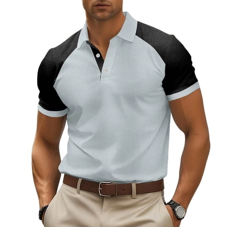 USNSM (S-5XL) Mens Plus Size Golf Shirts Short Sleeve Color Block Casual Collared Shirt Stylish Summer Athletic Outfits Trendy Gray S