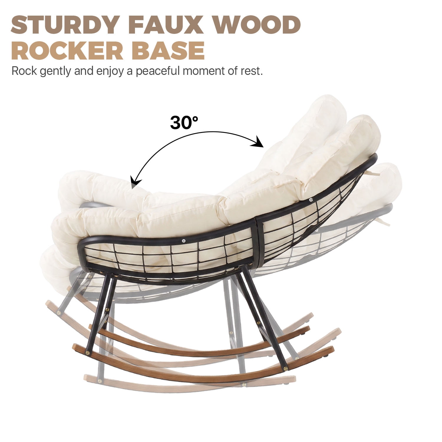 BaPiPro Oversized Double Papasan Rocking Chair with Thick Cushion, 2 Person Outdoor Rocking Loveseat, Heavy Duty Double Egg Chair with Wood Grain Base for Patio Porch, 440lbs Capacity, Off-White