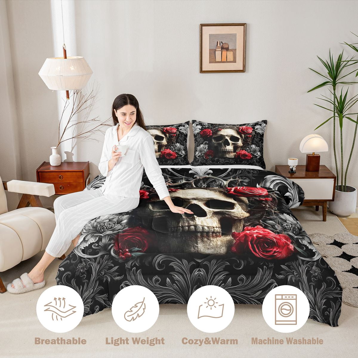 Erosebridal Teens Red Rose Sugar Skull Full Size Comforter Sets 3 Pieces,Gothic Style Flowers Bedding Sets for Boys Girls,Black Reversible,Luxury Bedroom Decor