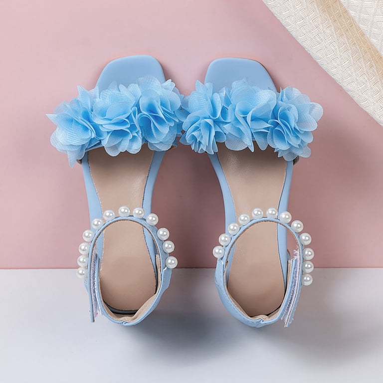Girls Sandals Low Heels Pearl Ankle Strap Cute Flower Girl Shoes Block Heel Pumps Summer Dress Shoes Blue 13.5 Little Kid