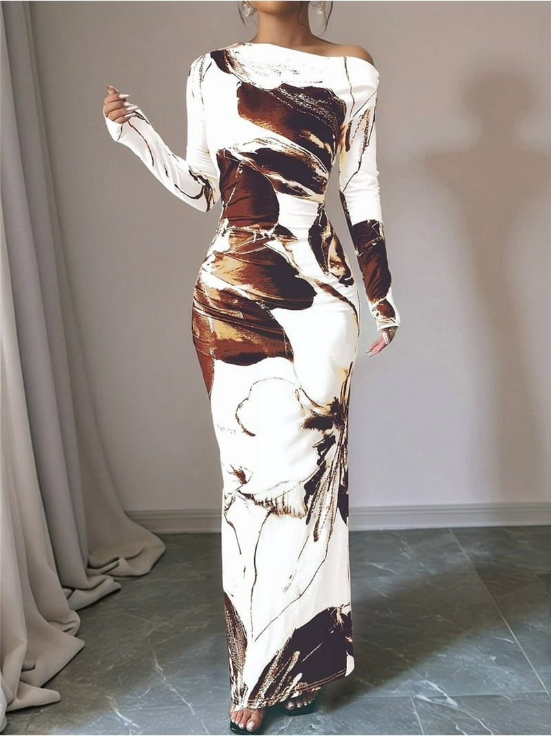 slim fit dress slacks Women's Bodycon Maxi Dress Fall Fashion Long Sleeve Floral Print Tight –  Divahotcouture main image 1