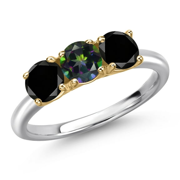 Gem Stone King 10K Two Tone Gold Green Mystic Topaz and Black Diamond Engagement Ring for Women | 1.65 Cttw | Round 5MM | Gemstone November Birthstone | Size 6
