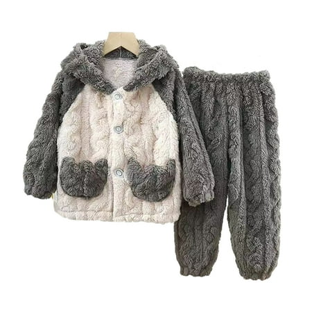

LYMAYTER Unisex Pajamas Outfit Kids Girls Boys Hooded Thickened Sleepwear Toddler Fall Winter Cute Loungewear Set for 12 Months-10 Years