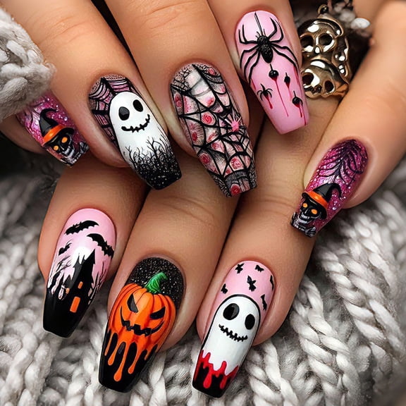Halloween Goth Press on Nails, Bright Summer Press on Nails Short Square, Cute Reusable Artificial Medium Almond for Women Daily Holiday 24 Pcs