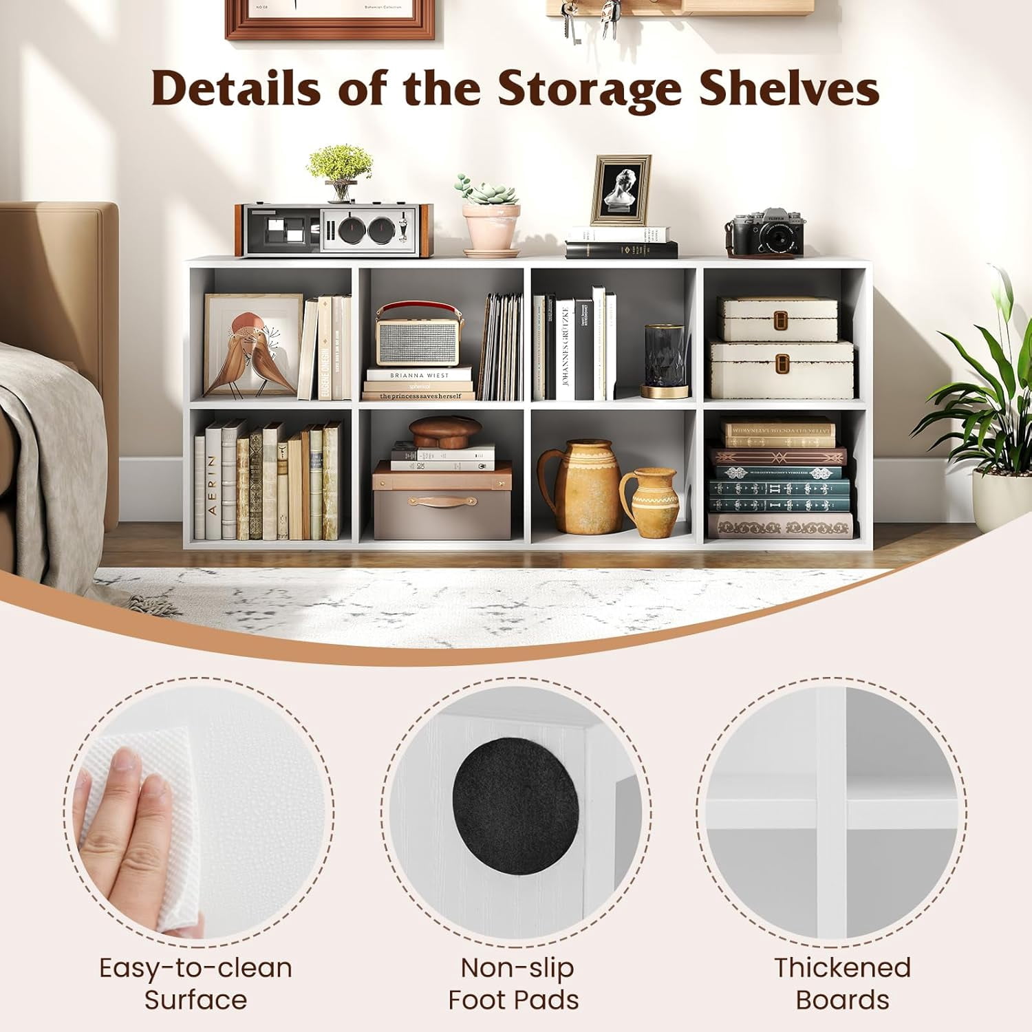 8 Cube Storage Organizer, Wooden Vertical & Horizontal Book Shelf, 24” Low Bookcase Under Window with Back Panels, 2-Tier Bookshelf for Classroom Home Office Living Room (White)