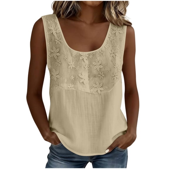 Elegant Embroidered Linen Tank Tops for Women Loose U Neck Sleeveless Summer Business Casual Shirts Dressy Blouses
