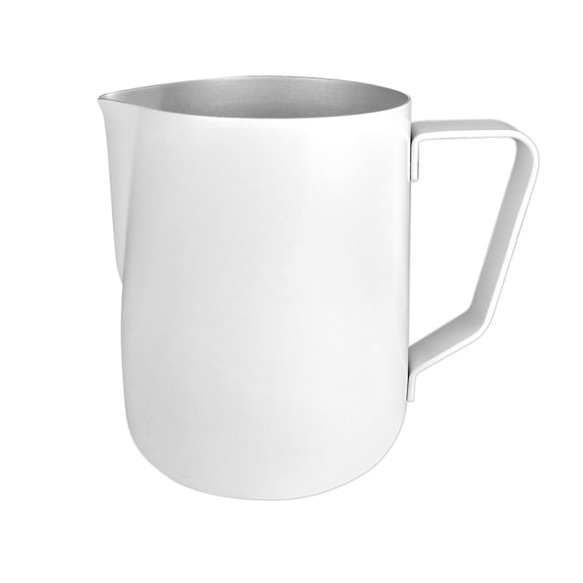 350 ml jarritas para leche formación de espuma de art leche jarra jarro espesor acero inoxidable para cappucino 350ml blanco jarra frontal de 350 ml con exterior blanco y interior de acero inoxidable, pico vertedor y asa angular; diámetro ≈65 mm, altura ≈90 mm, base ≈80 mm. Ideal para espumar leche y otras bebidas; superficie lisa fácil de limpiar; incluye 1 pieza.